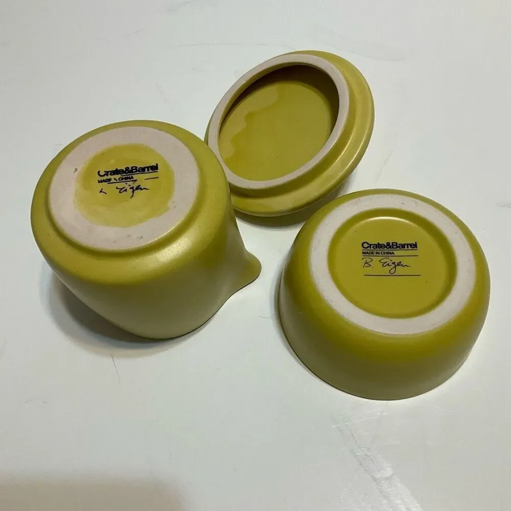 Crate & Barrel Creamer and Sugar Bowl. Signed B. Eigen. Pea green